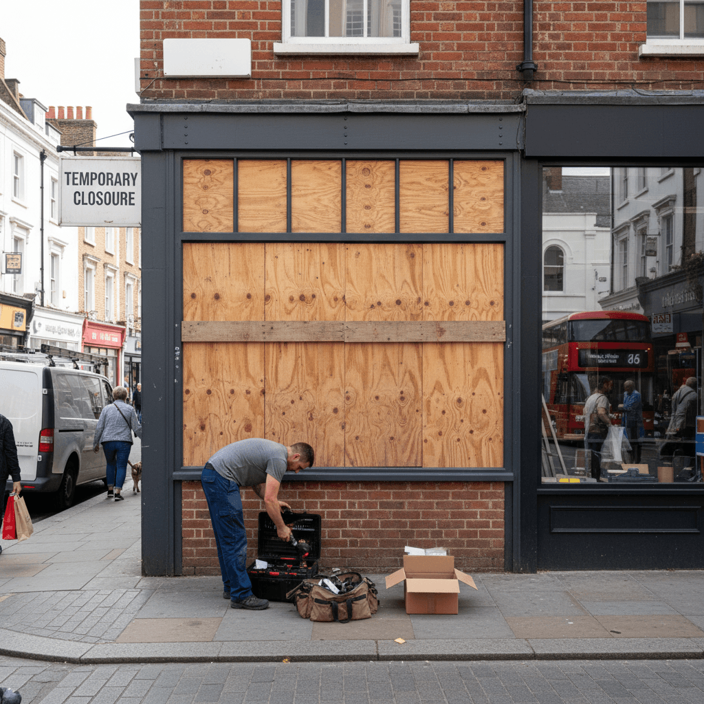 Shopfront with a boarded-up display window after a break-in