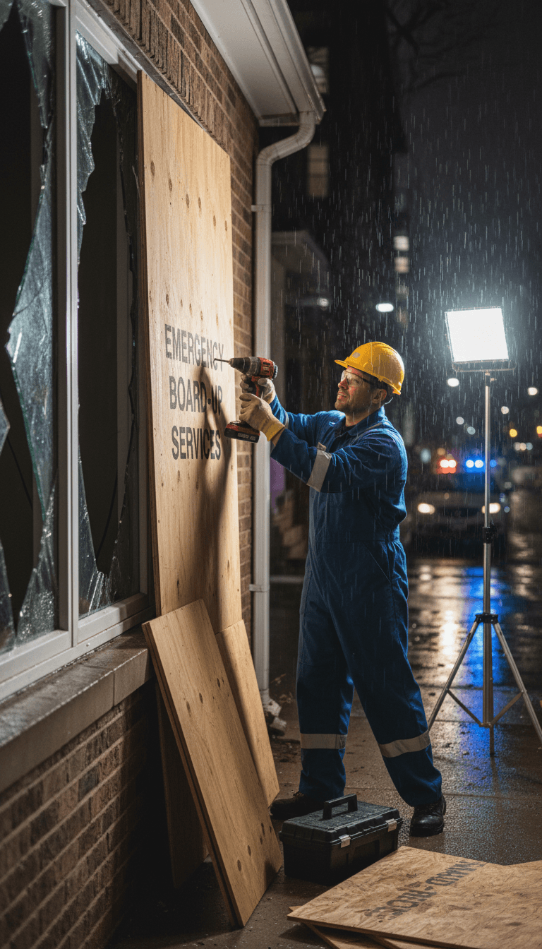 Fitter securing a broken window with plywood board