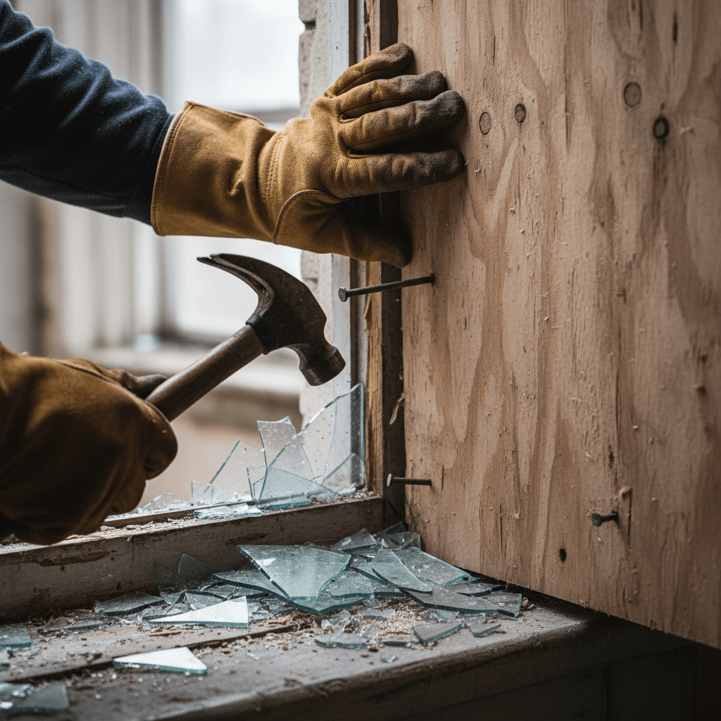 Tradesman fixing plywood over a broken window