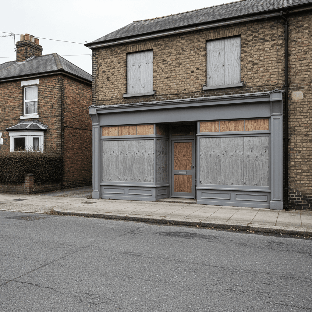 Secured shop front on a quiet street with new boards