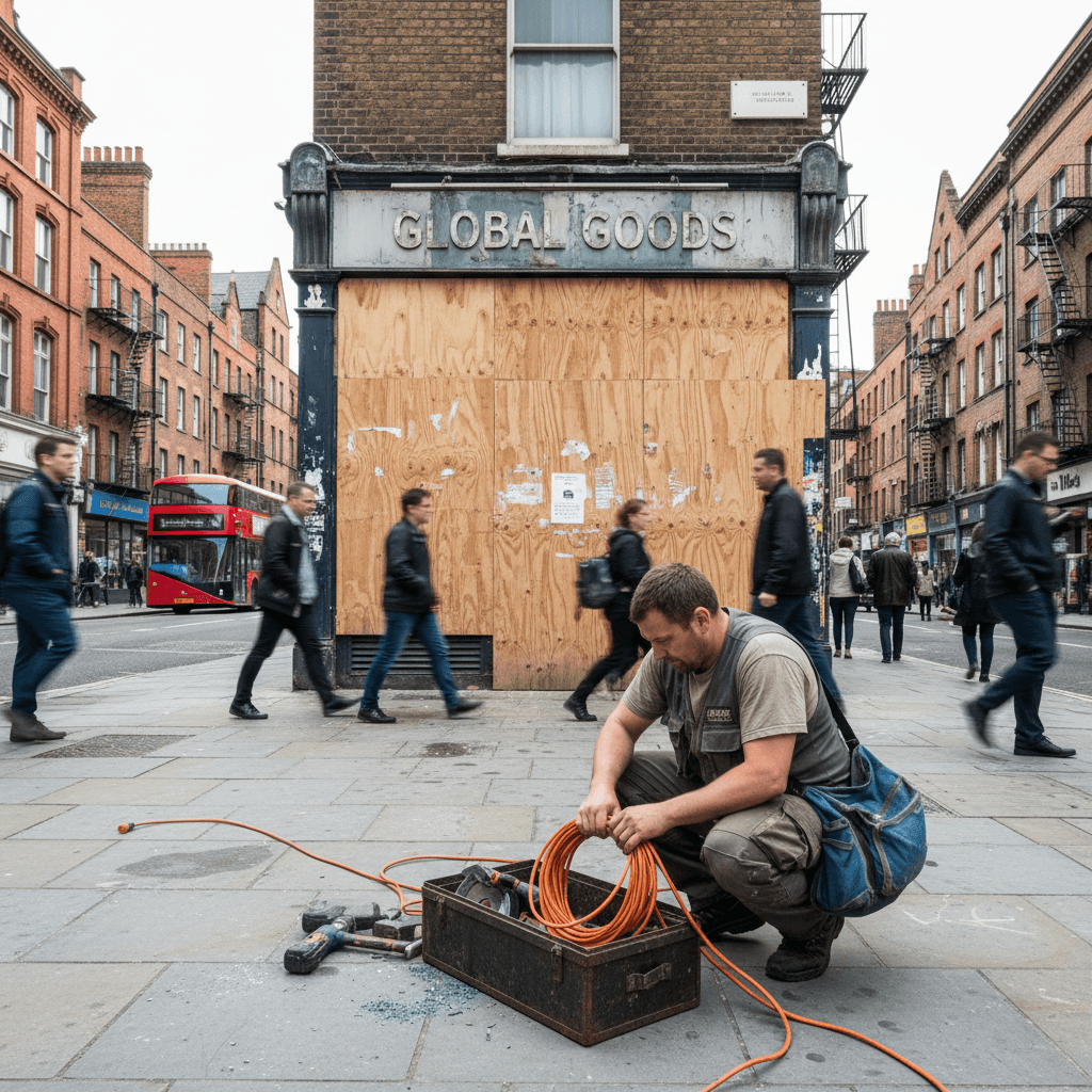 Fitter packing tools in front of a boarded-up shopfront
