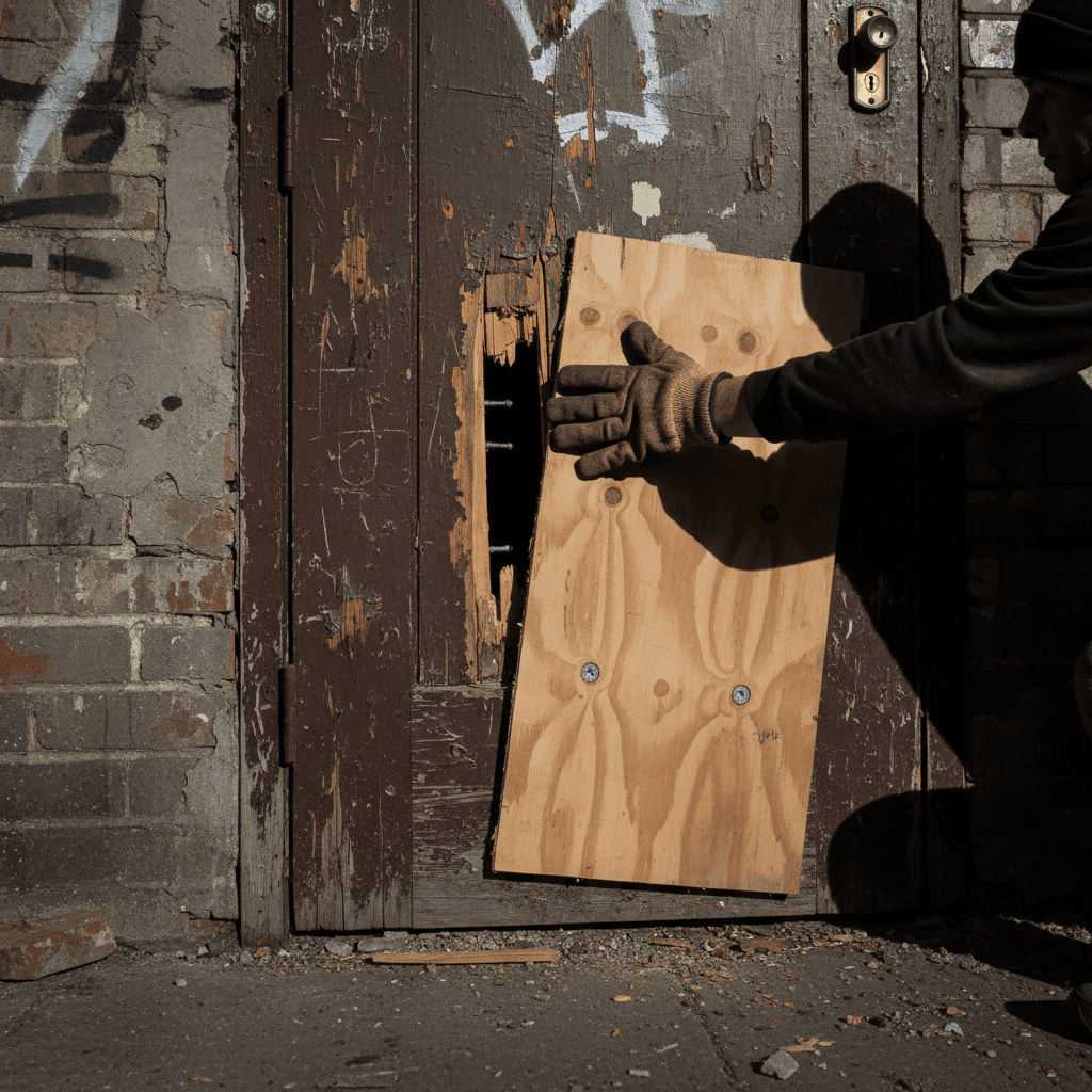 Worker securing a damaged door frame with boarding