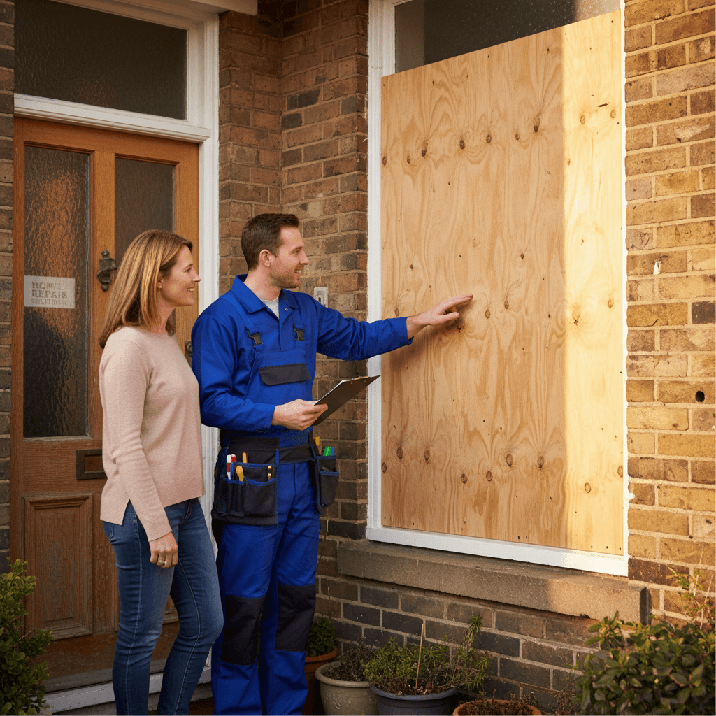 Fitter explaining the boarding work to a homeowner at their doorstep