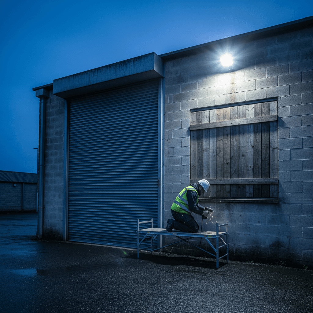 Commercial unit with a boarded window under security lighting