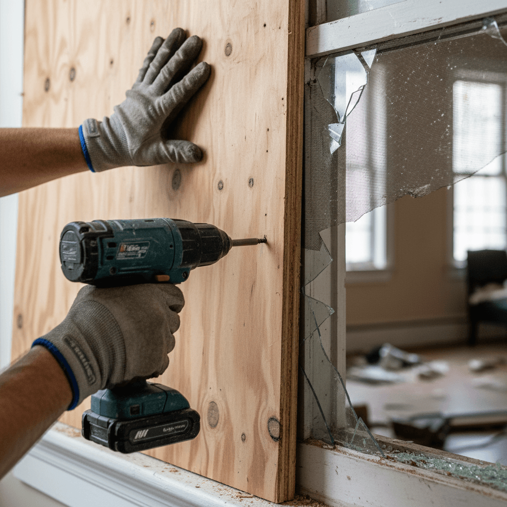 Tradesman's hands securing board over broken window