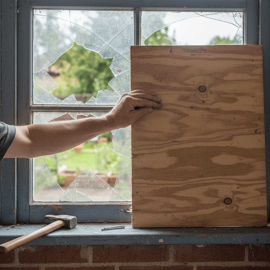 Gloved hands securing a plywood board over a shattered window