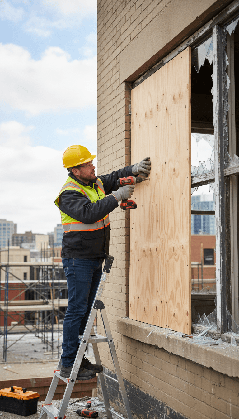 Fitter boarding up a broken window on a property