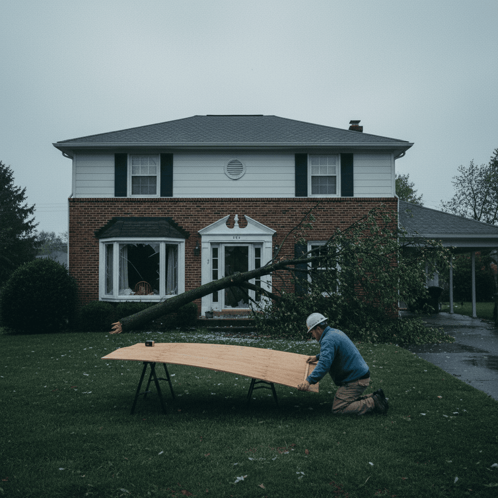 Worker assessing a house window broken by storm debris