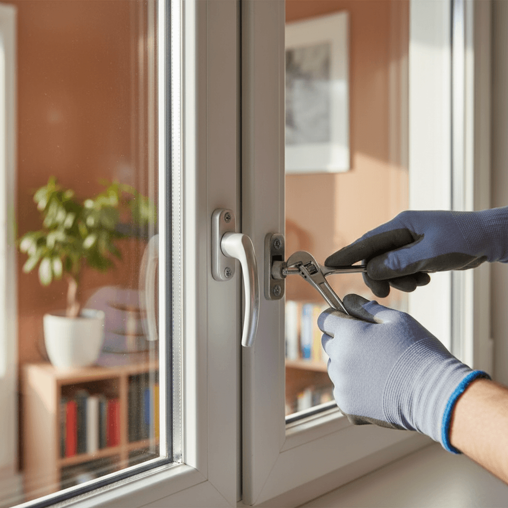 A professional fitter securing a wooden board over a damaged window, ready to clean up and make the property safe.
