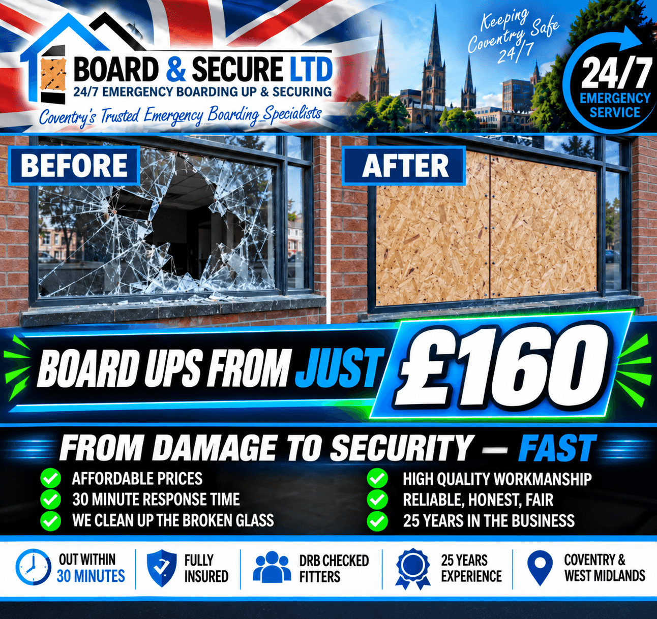 Advertisement for Board & Secure Ltd showing a shattered window before and after emergency boarding.