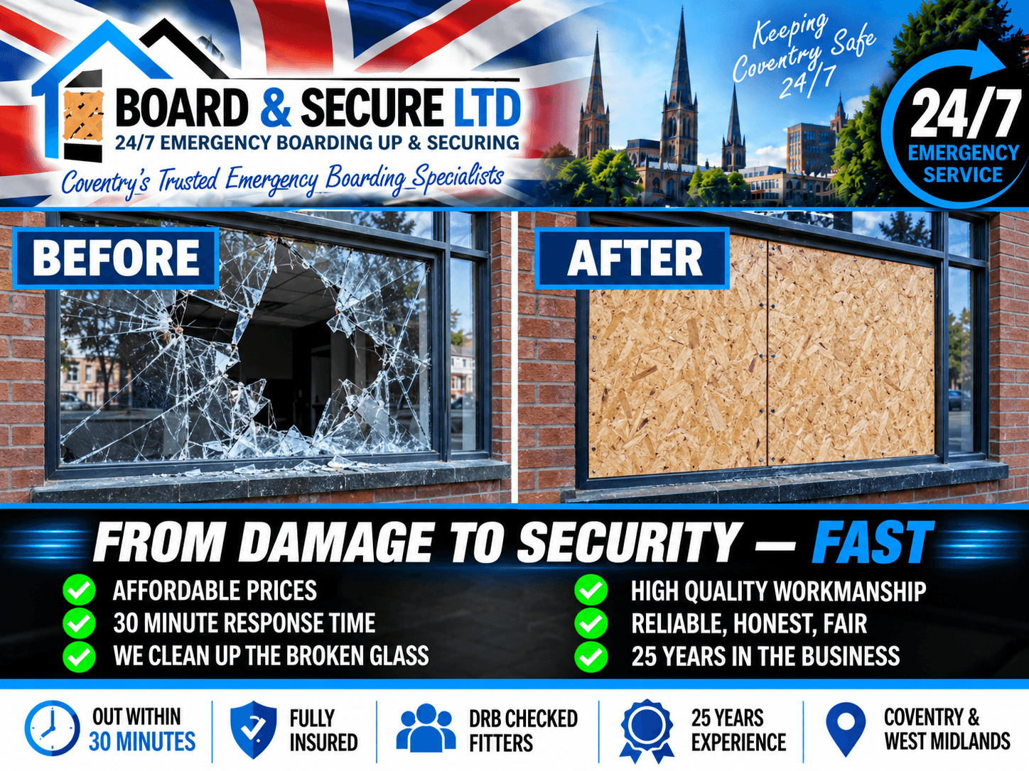 Before and after photos of a shattered window boarded up by Board & Secure.