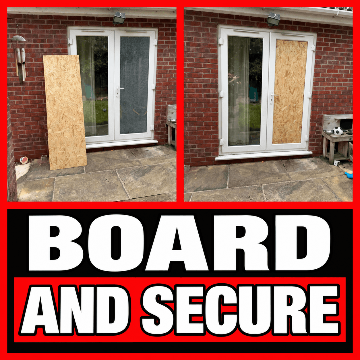 Before and after photos of a shattered glass patio door being boarded up with plywood.