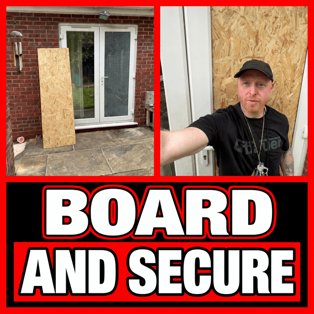 Man boarding up a glass door with plywood, featuring bold 'BOARD AND SECURE' text.