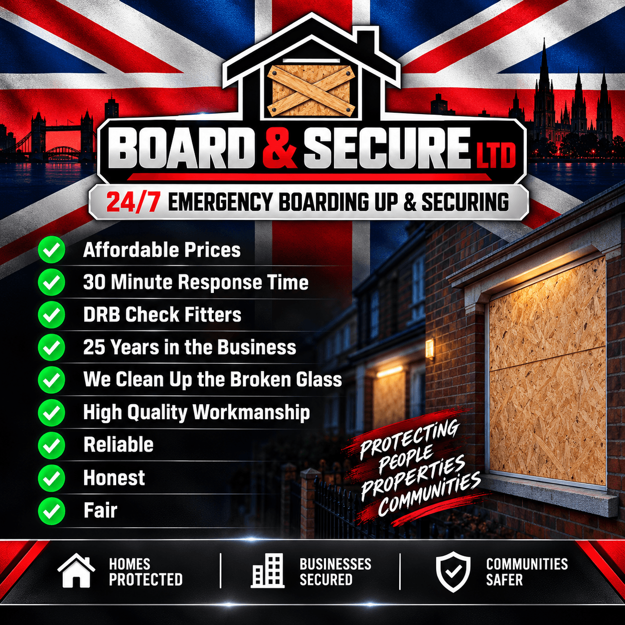 Board & Secure Ltd emergency boarding advertisement featuring service highlights and a boarded window.