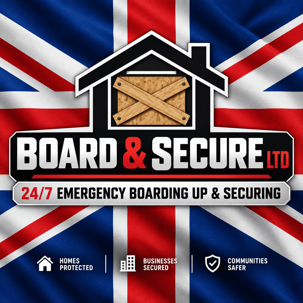 Board & Secure Ltd logo with a boarded house icon on a Union Jack background.