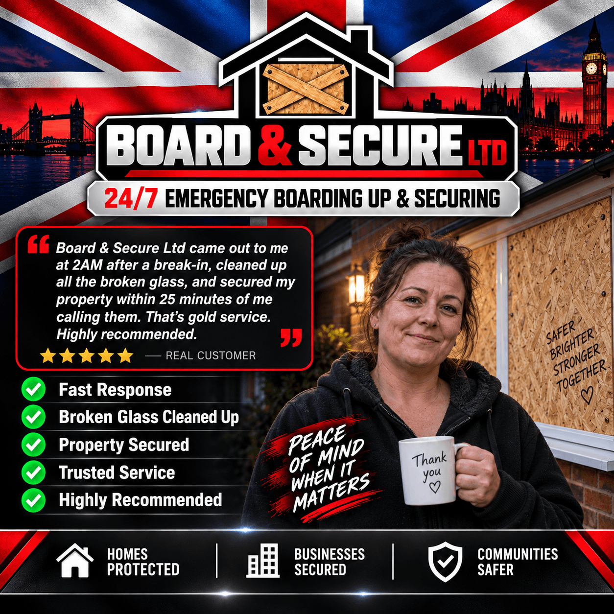 Board & Secure Ltd advertisement featuring a smiling customer and emergency property boarding services.