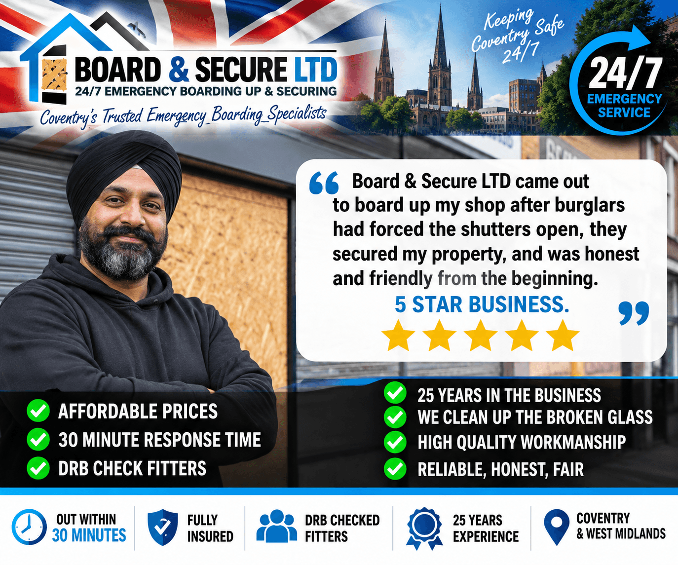 Smiling man in front of boarded shop for Board & Secure LTD emergency boarding advertisement.