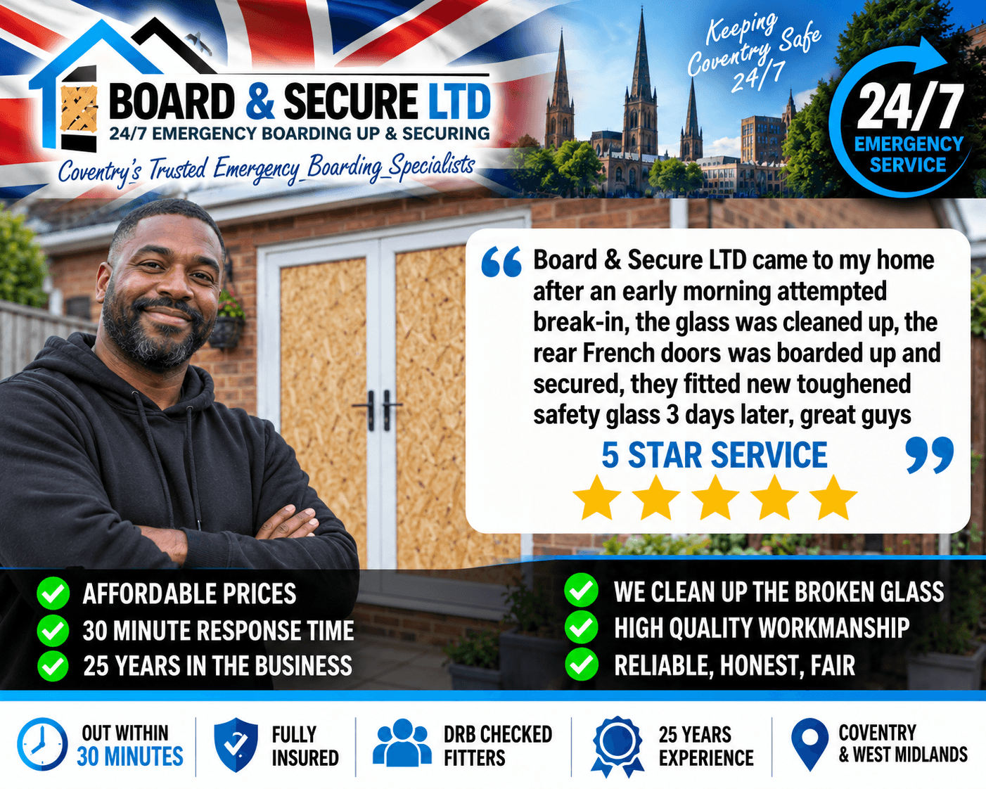 Board & Secure LTD advertisement featuring a smiling man, customer testimonial, and emergency boarding services.