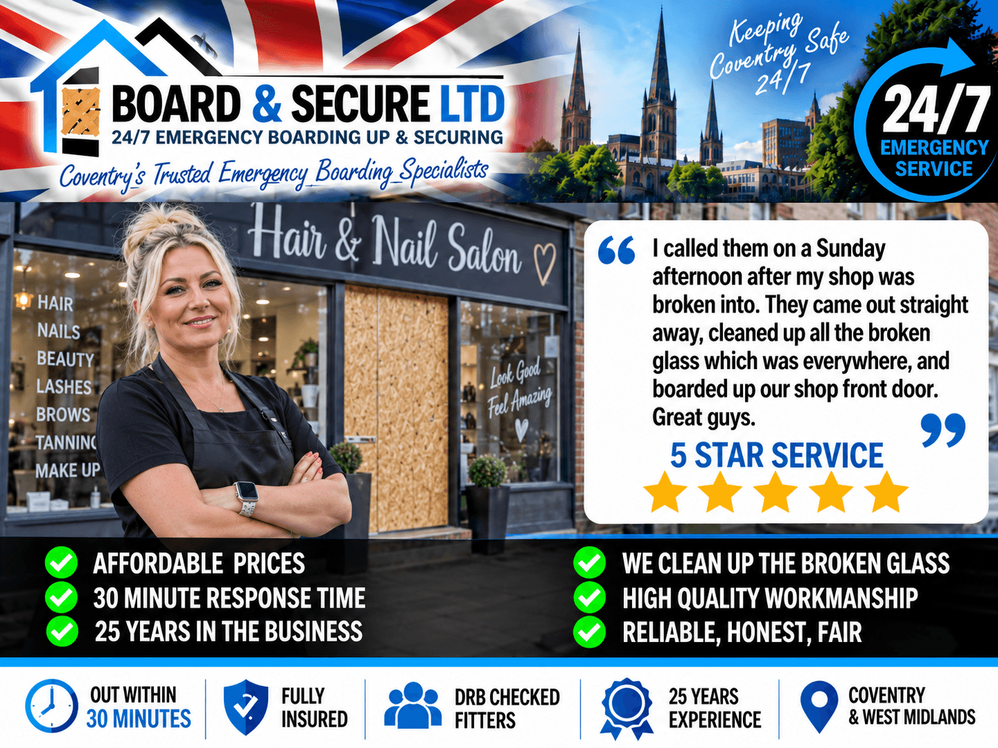 Board & Secure Ltd emergency boarding advertisement featuring a salon owner and a customer testimonial.